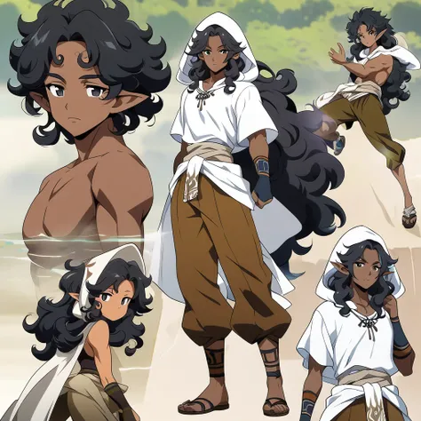 anime art style, dark elf, African skin, black hair, Curly hair, long hair, black eyes, ((man)), athletic body, Druid clothing (white hood, brown pants, white cloth on waist), full body