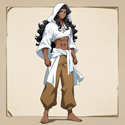 anime art style, dark elf, African skin, black hair, Curly hair, long hair, black eyes, ((man)), athletic body, Druid clothing (white hood, brown pants, white cloth on waist), full body