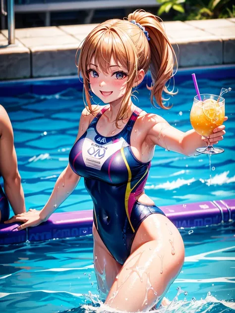 Highest quality,Highest Resolution,４K quality,Smiling woman in swimsuit at competition pool,sunny,Sweating profusely,Drink a drink,