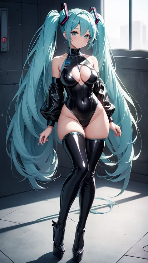 Masterpiece、Hatsune Miku VOCALOID、Twin tails、Big Breasts、Beautiful Eyes、Latex bodysuit、High heels、whole body、Glare、blush、8K、Highest quality、