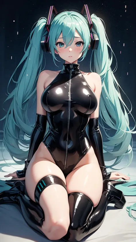 Masterpiece、Hatsune Miku VOCALOID、Twin tails、Big Breasts、Beautiful Eyes、Latex bodysuit、High heels、whole body、Glare、blush、8K、Highest quality、