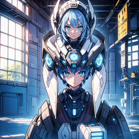 Anime characters, one teenage anime girl, silvery blue hair, bright blue star-shaped eyes, one Robot, Cape, Luminous Eyes, Rugged, Fantasy, Lights, outdated, old style, dark blue, bronze, Room with window, sitting