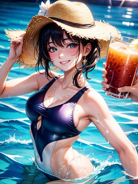 Highest quality,Highest Resolution,４K quality,Smiling woman in swimsuit at competition pool,sunny,Sweating profusely,Drink a drink,