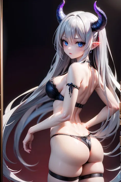 (((1 demoness))), ((detailed blue eyes)), ((long silver hair)), large breasts, perfectly drawn body, seductive, black bra, black panties, perfect butt, rear view, backside view, best quality, masterpiece, ultra-detailed