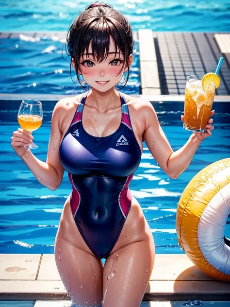 Highest quality,Highest Resolution,４K quality,Smiling woman in swimsuit at competition pool,sunny,Sweating profusely,Drink a drink,