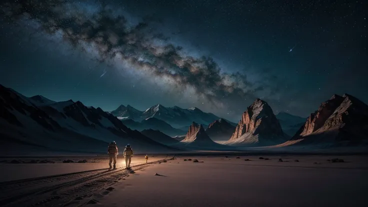 Astronauts walking on an unknown planet, with alien landscapes and glowing mountains beneath a sky full of stars and nebulae. The image needs to be very realistic and in high resolution.