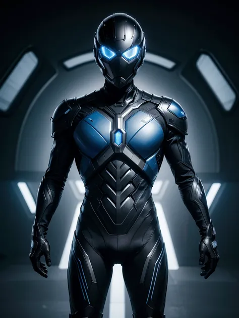 Super advanced technological metallic suit, futurist, ultra detailed 4k, black with dark blue lines, diseño futurist, full body man with helmet