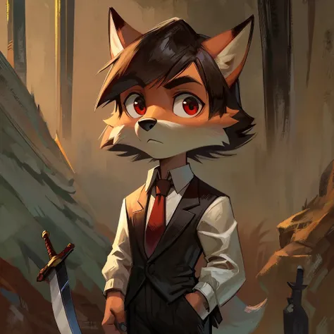 +_+, (An 11-year-old culpeo fox with a sword on his hand), white belly, black suit, short brown hair, long brown red tie, beige jacket, two fingers in front of his face, Werther&#39;s Original, sitting in the chair, bright eyes, morinaga, crying, by kenket...