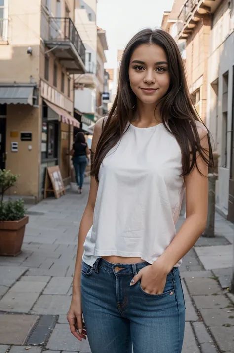 A photorealistic portrait of a 21-year-old Colombian girl with long, flowing dark hair and striking dark eyes. She should have a cheerful, relaxed expression, illuminated by the bright daylight. The background should depict a casual outdoor setting, like a...