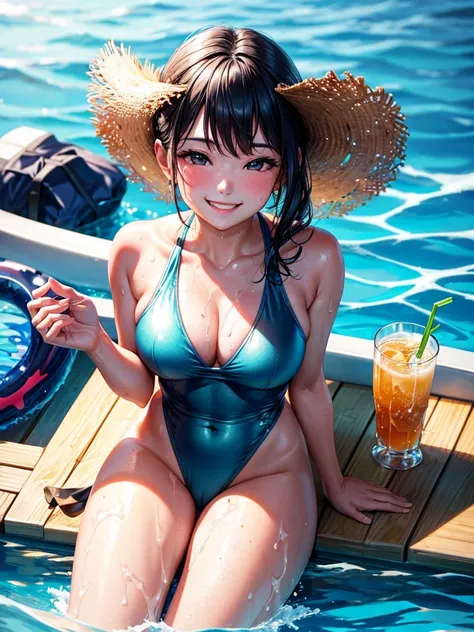 Highest quality,Highest Resolution,４K quality,Smiling woman in swimsuit at competition pool,sunny,Sweating profusely,Drink a drink,