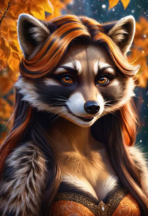 Create an realistic CGI photo of a anthropomorphic raccoon women.  Long orange and black striped hair. The photo should be of the highest quality, a masterpiece with intricate details. The raccoon women should have a female, humanoid, appearance, with a va...