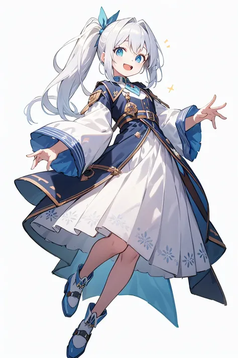 solo, full body, five fingers, cute, (highest quality), blue eye, long hair, white hair, white clothes, side ponytail, Beam with laughter, open mouth, ((white background)), (masterpiece)