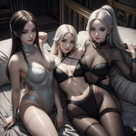 Beautiful 3 woman, (straight: 1.28), clear skin, (princess peachs face), pale skin, medium breasts, (thin hips, thin waist , athletic body: 1.25), detailed skin, smile open mouth), black and silver color scheme)), 8k textures, soft light, sharp focus, soot...