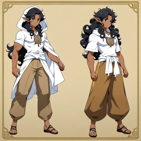 anime art style, dark elf, African skin, black hair, Curly hair, long hair, black eyes, ((man)), athletic body, Druid clothing (white hood, brown pants, white cloth on waist), full body