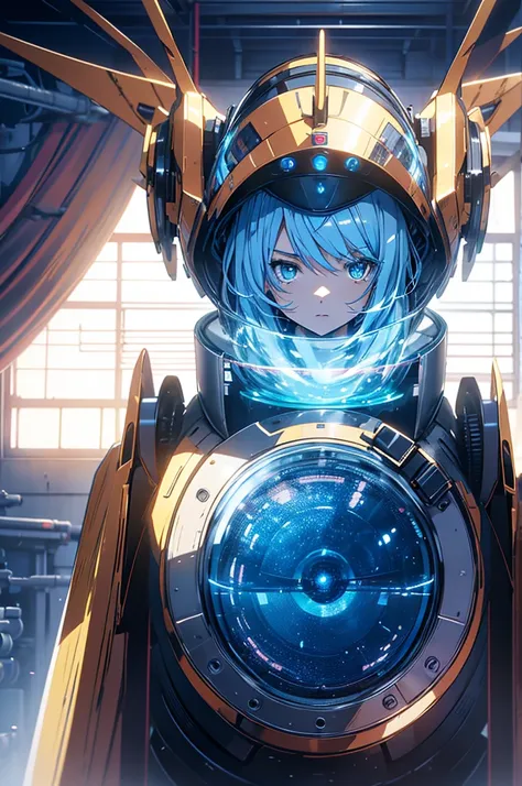 Anime characters, one teenage anime girl, silvery blue hair, bright blue star-shaped eyes, one Robot, Cape, Luminous Eyes, Rugged, Fantasy, Lights, outdated, old style, dark blue, bronze, Room with window, sitting