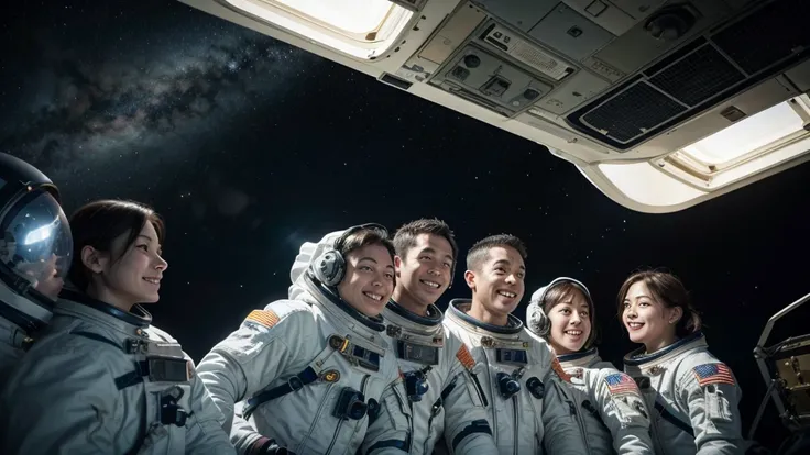 Astronauts returning to Earth, being welcomed by friends and family, with the brightness of the universe reflected in your eyes, sharing stories from your journey. The image needs to be very realistic and in high resolution.