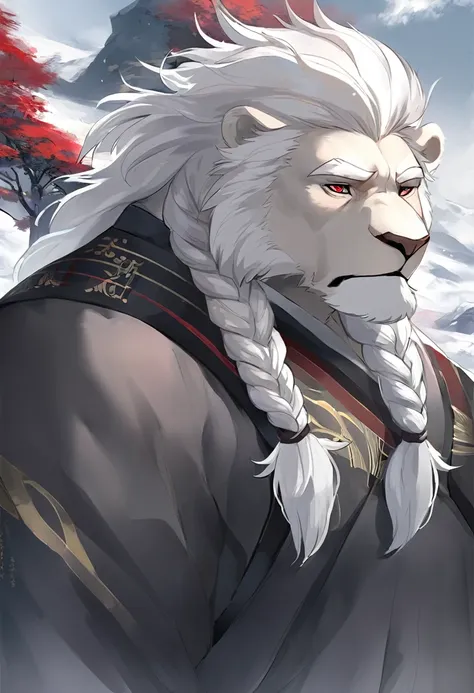 White lion，personification，Mature male，Strong Man，White hair，Cold expression，Red pupil，Gray eyebrows，Braids，Black Hanfu，Stand in the distance。