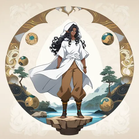 anime art style, dark elf, African skin, black hair, Curly hair, long hair, black eyes, ((man)), athletic body, Druid clothing (white hood, brown pants, white cloth on waist), full body