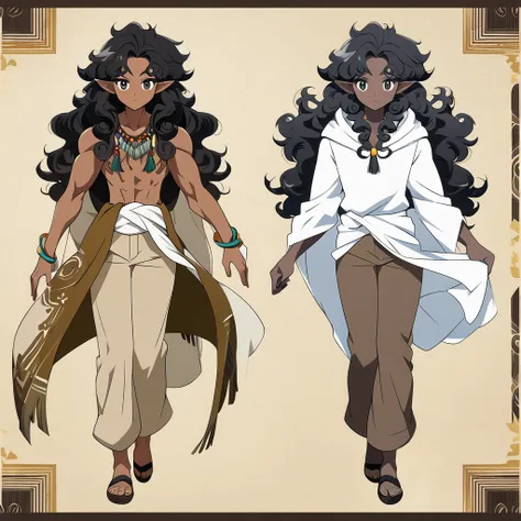 anime art style, dark elf, African skin, black hair, Curly hair, long hair, black eyes, ((man)), athletic body, Druid clothing (white hood, brown pants, white cloth on waist), full body