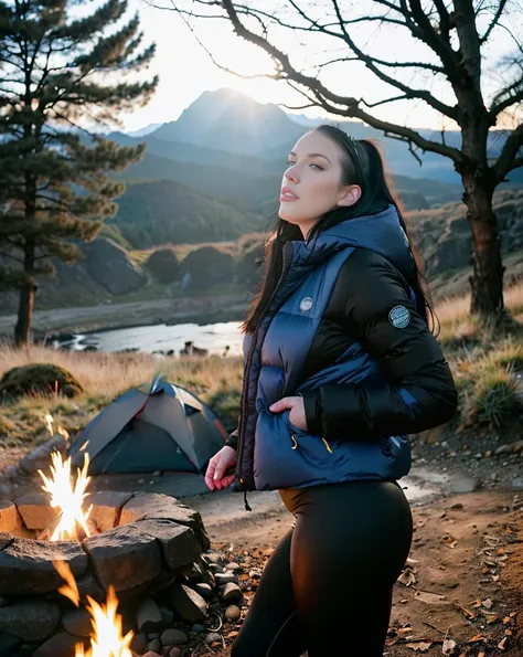 hyper-realistic photo of angela white, 28, (wearing black cotton leggings, ocher down jacket, closed) (piercing, blue eyes) (sil...