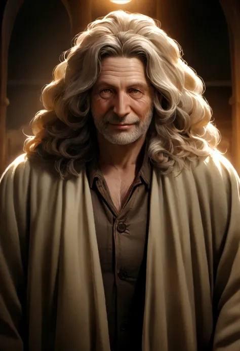 a realistic image of a big haired and barred wizard in his 50s in red and light clothes seen from the front, film scene