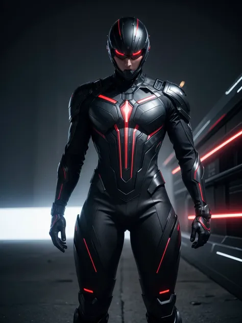 Super advanced technological metallic suit, futurist, ultra detailed 4k, black with dark red lines, diseño futurist, full body man with helmet