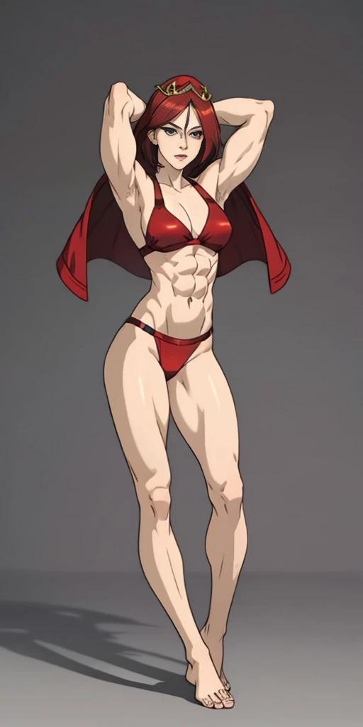 1sologirlRogue looking to viewer, standing on 1leg wearing red bikini outfit, full body toe to head, barefeet, tiara, muscle tone body abs, navel, ARMS UP showing shaved armpits, short hair (hands behind head) grey eyes, gem, circlet, jewelry, tiara (plain...