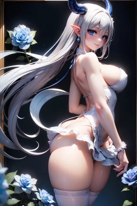 (((1 demoness))), ((detailed blue eyes)), ((long silver hair)), large breasts, curvy hips, perfectly drawn body, seductive smile, white dress, adorned with blue roses, perfect butt, rear view, backside view, best quality, masterpiece, ultra-detailed