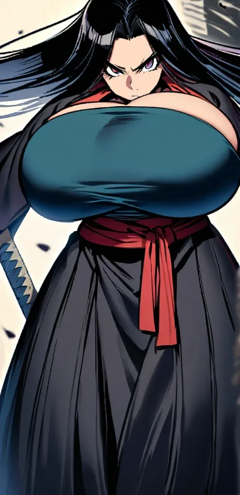 Samurai woman with gigantic round breast that are twice the size of her head, she has extremely wide hips, she wears a long dark hakama that covers her body, holding katana, she has a serious look on her face, ready for battle