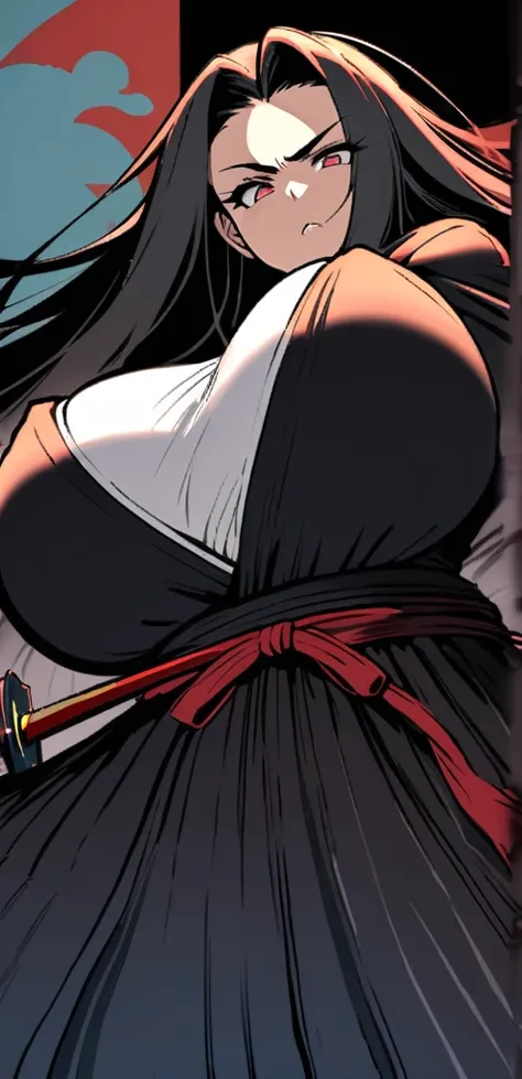 Samurai woman with gigantic round breast that are twice the size of her head, she has extremely wide hips, she wears a long dark hakama that covers her body, holding katana, she has a serious look on her face, ready for battle