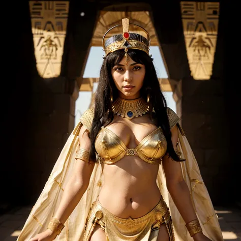 A very beautiful image of Cleopatra with her crown and royal clothing, radiating power and majesty. full body The background may show the pyramids of Giza or the Nile River, symbols of ancient egypt. with real cleopatra face