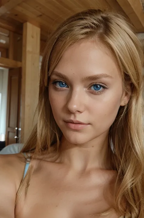 Selfie, Blonde with blue eyes, qui fait un V avec ses doigts