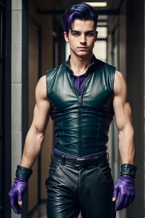 A male with short, neatly styled hair that is a beautiful dark blue with purple, wearing black leather fingerless gloves, a sleeveless tight shirt, black baggy pants, and black gloves that are under the leather gloves and go all the way up to his elbows an...