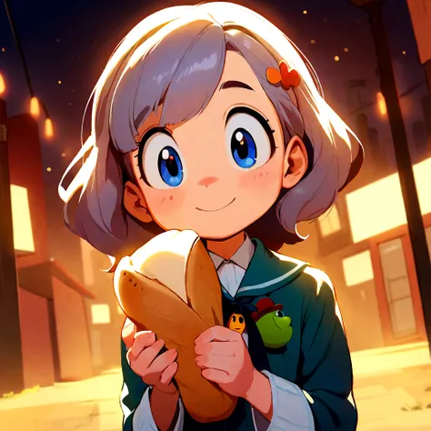 3 pixar-style cartoon character, 10 years old girl holding some bread in her hand