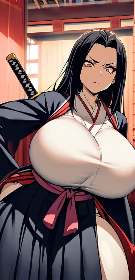 Samurai woman with gigantic round breast that are three times the size of her head, she has extremely wide hips, she wears a long dark hakama that covers her body, holding katana, she has a serious look on her face, ready for battle