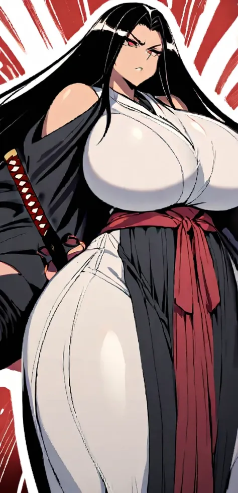 Samurai woman with gigantic round breast that are three times the size of her head, she has extremely wide hips, she wears a long dark hakama that covers her body, holding katana, she has a serious look on her face, ready for battle