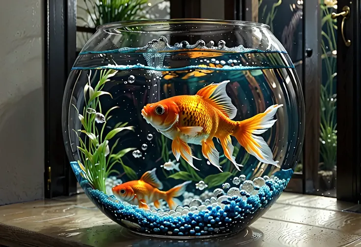 Goldfish swimming in a fishbowl, cool, gorgeous ((masterpiece, best quality, 8K))