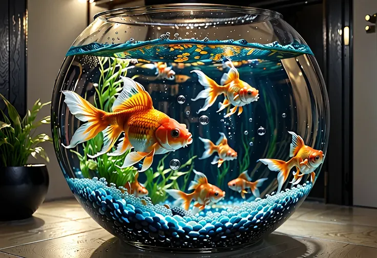 Goldfish swimming in a fishbowl, cool, gorgeous ((masterpiece, best quality, 8K))