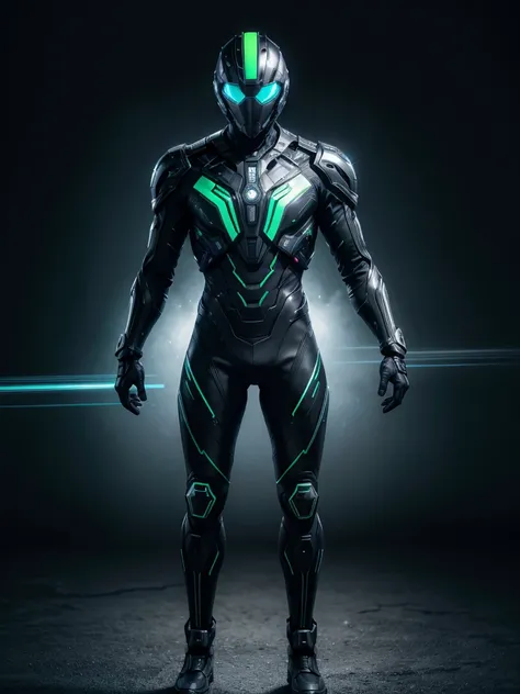 Super advanced technological metallic suit, futurist, ultra detailed 4k, black with dark green lines, diseño futurist, full body man with helmet