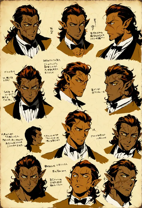 One adult male butler, athletic build, werewolf aesthetic, warm brown skin, yellow eyes, curly orange hair with black ends, Hair pushed back and set, warm and classy, many different expressions and poses, pointy ears, scars on face, character poster, refer...