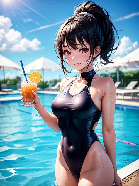 Highest quality,Highest Resolution,Smiling woman in swimsuit at competition pool,sunny,Sweating profusely,Drink a drink,Black hair ponytail,Standing posture,whole body,