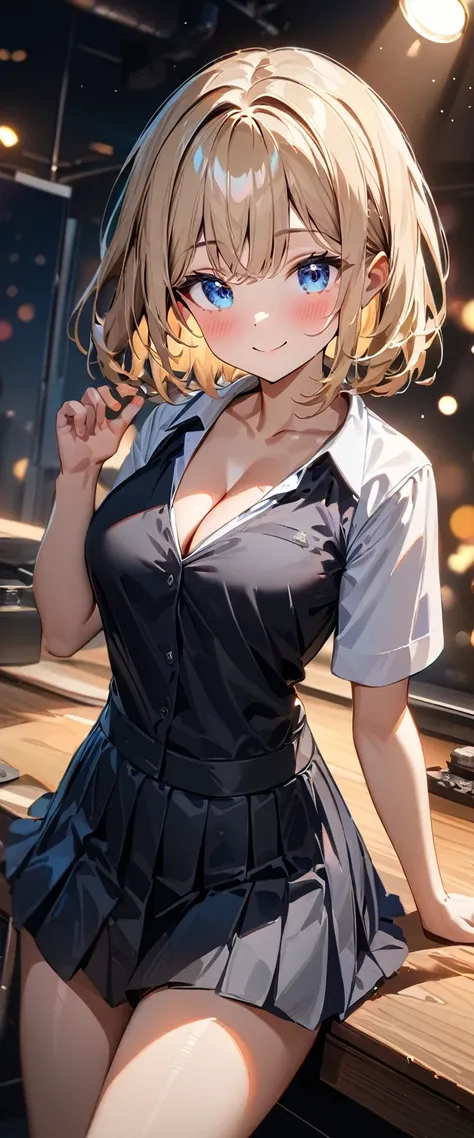 (((One girl))), blond hair, bob cut, (cowboy shot), (looking at viewer), face in focus, breasts, teenager, head tilt:1.3, (((blue eye))), ((happy smile)), ((blush)), contrapposto, school summer uniform, white shirts, skirt, black waistcoat, ((cleavage)), a...