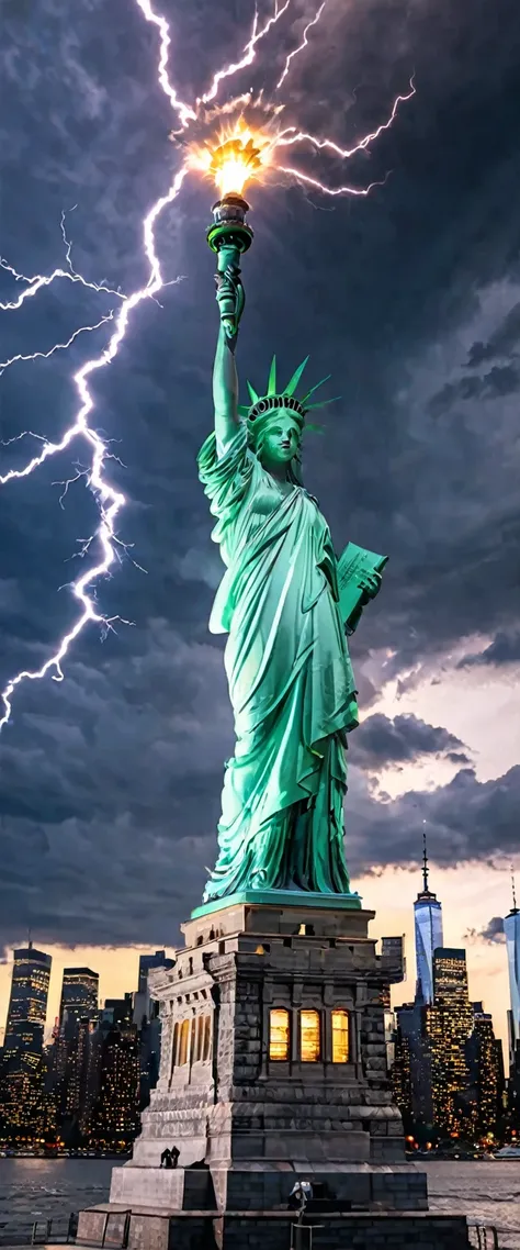 crystal cloud, atmospheric perspective、dark clouds、statue of liberty in new york、lightning strikes the torch of the goddess stat...