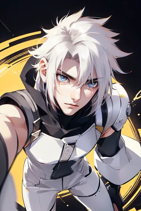 1 male (tall man, slim, manly, dominate,  white messy hair, yellow eyes, tough, wearing a sci-fi space outfit.) best quality, ultra-detailed, illustration, complex, detailed, extremely detailed, detailed face, soft light, soft focus, perfect face, illustra...