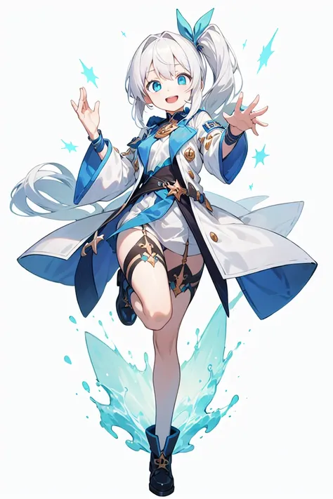 solo, full body, five fingers, cute, detailed, blue eye, long hair, white hair, white clothes, side ponytail, Beam with laughter, open mouth, ((white background)), (masterpiece)