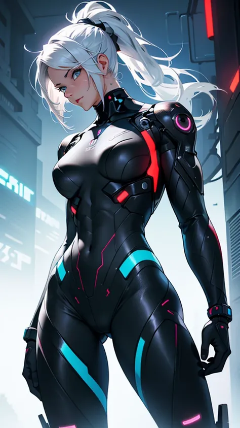 Beautiful cybernetic girl detailed muscles realistic masterpieces full figure pose (best quality,ultra-detailed), white hair in ponytail, fair skin, fit body, slim figure, narrow waist, large buttocks, (cocky expression), black carbon fiber cybernetic mobi...