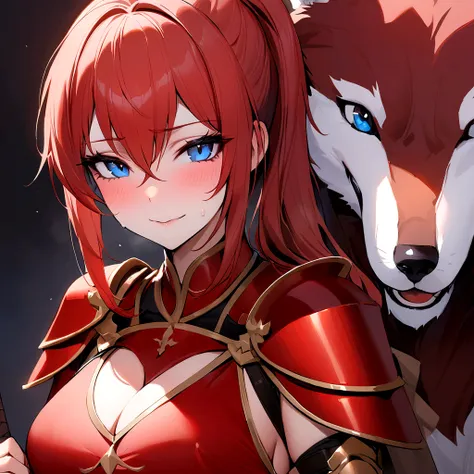 （masterpiece）、high resolution、21-year-old beauty female knight in red armor、Red hair in a ponytail、blue eyes、An inappropriate smile、Holding a Japanese sword、With a big wolf by his side。