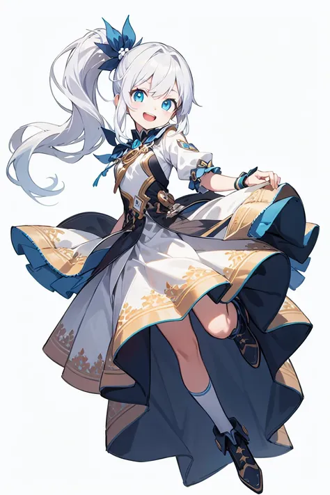 solo, full body, five fingers, cute, detailed, beautiful hair and eyes, five fingers, blue eye, long hair, white hair, white clothes, side ponytail, Beam with laughter, open mouth, ((white background)), (masterpiece)