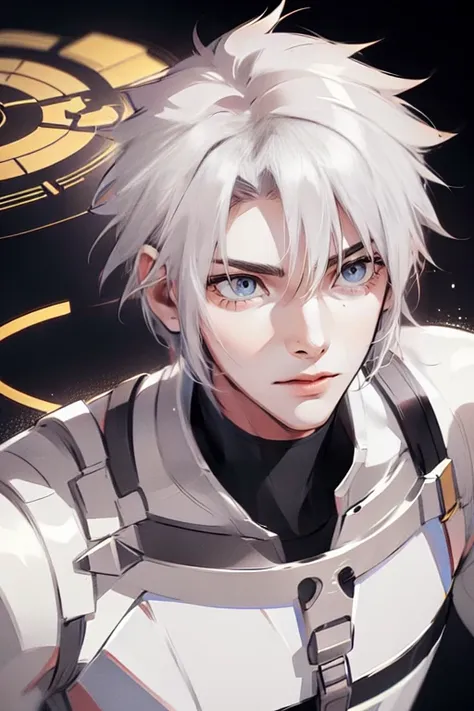 1 male (tall man, slim, manly, dominate,  white messy hair, yellow eyes, tough, wearing a sci-fi space outfit.) best quality, ultra-detailed, illustration, complex, detailed, extremely detailed, detailed face, soft light, soft focus, perfect face, illustra...