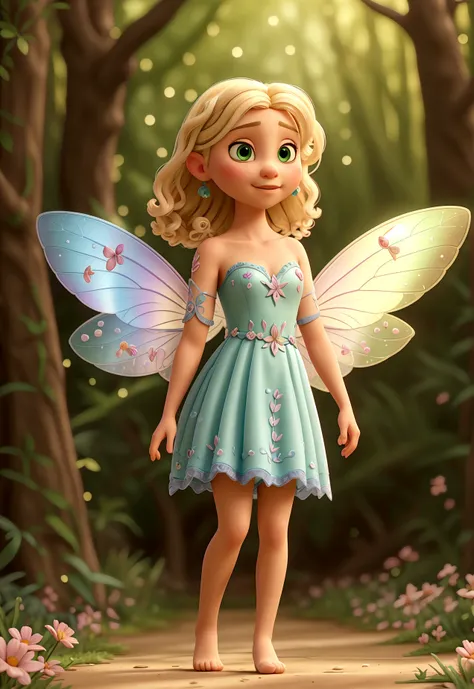 full body shot of (a stunning fairy) with {blonde} hair and with cute face, beautiful innocent green eyes, delicate transparent ...